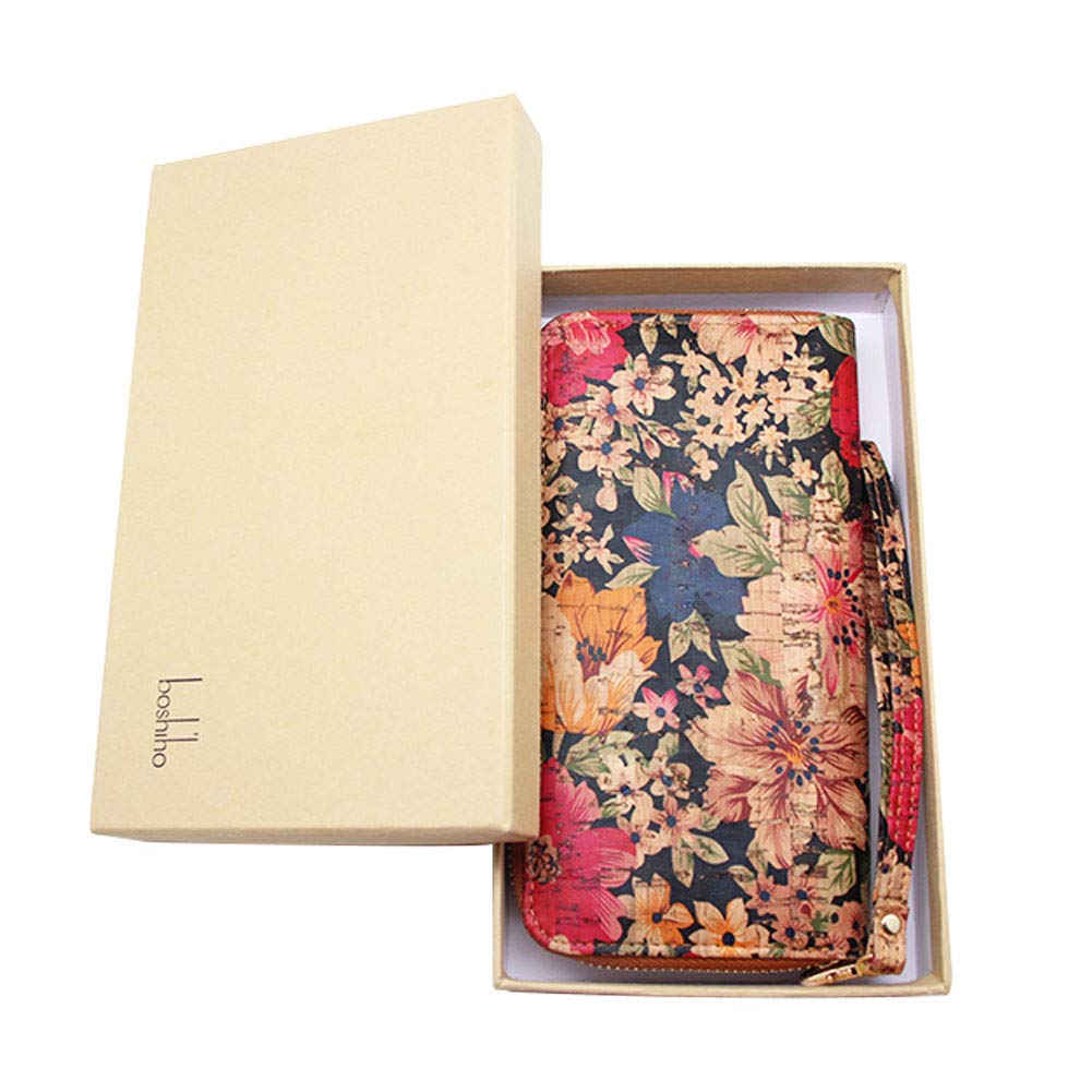 BOSHIHO Portafoglio da Donna in Sughero Vegano, Grande Capacità per Smartphone Pochette Lunga con Cerniera con Porta Carte di Credito Portamonete, Regalo Vegano