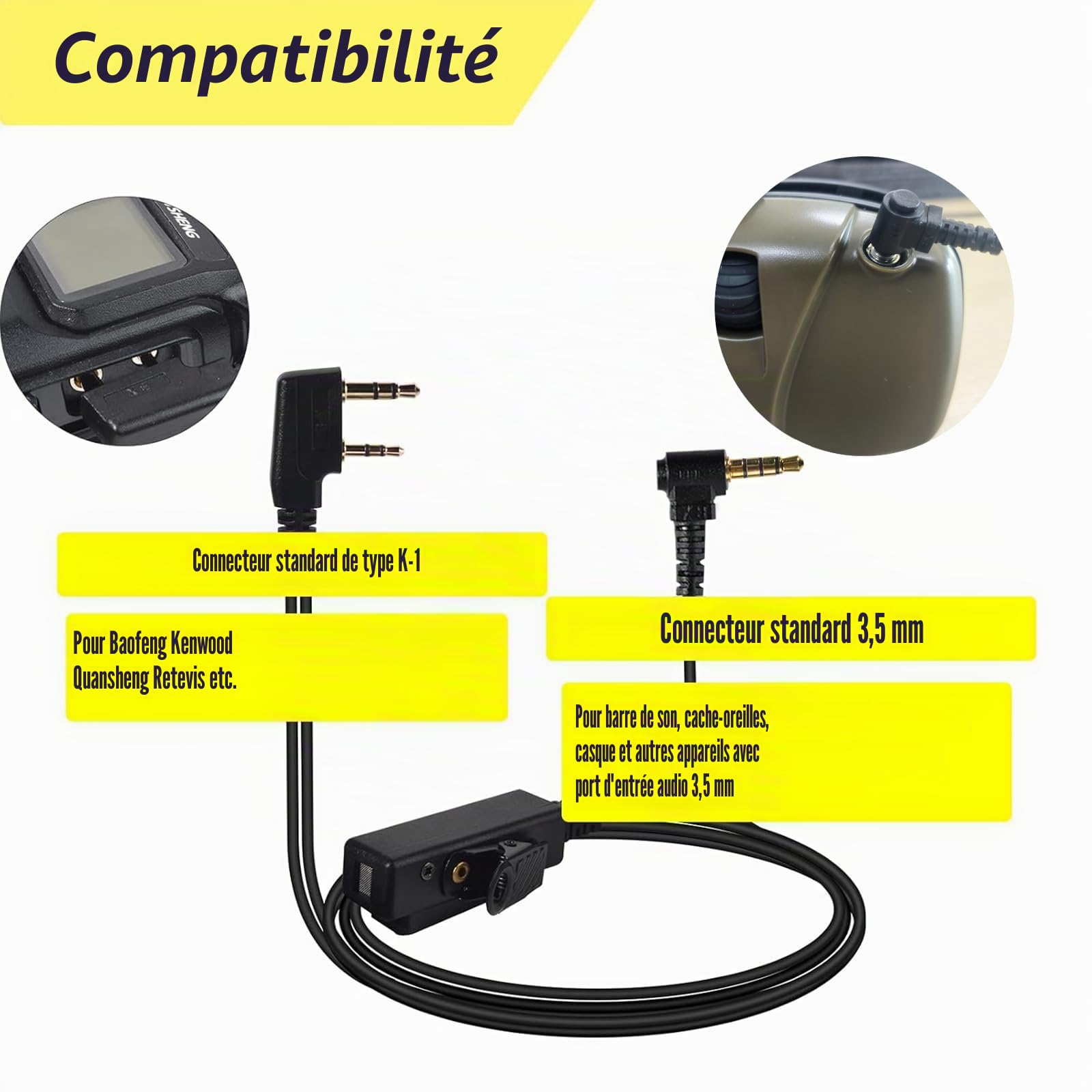 Câble audio universel 2 broches vers 3,5 mm 90° avec fonction PTT | compatible avec Baofeng UV-5R 777 888S Kenwood TH-22AT TK-3100 Quansheng K5 TK-11 et casques avec micro dotés d'une in