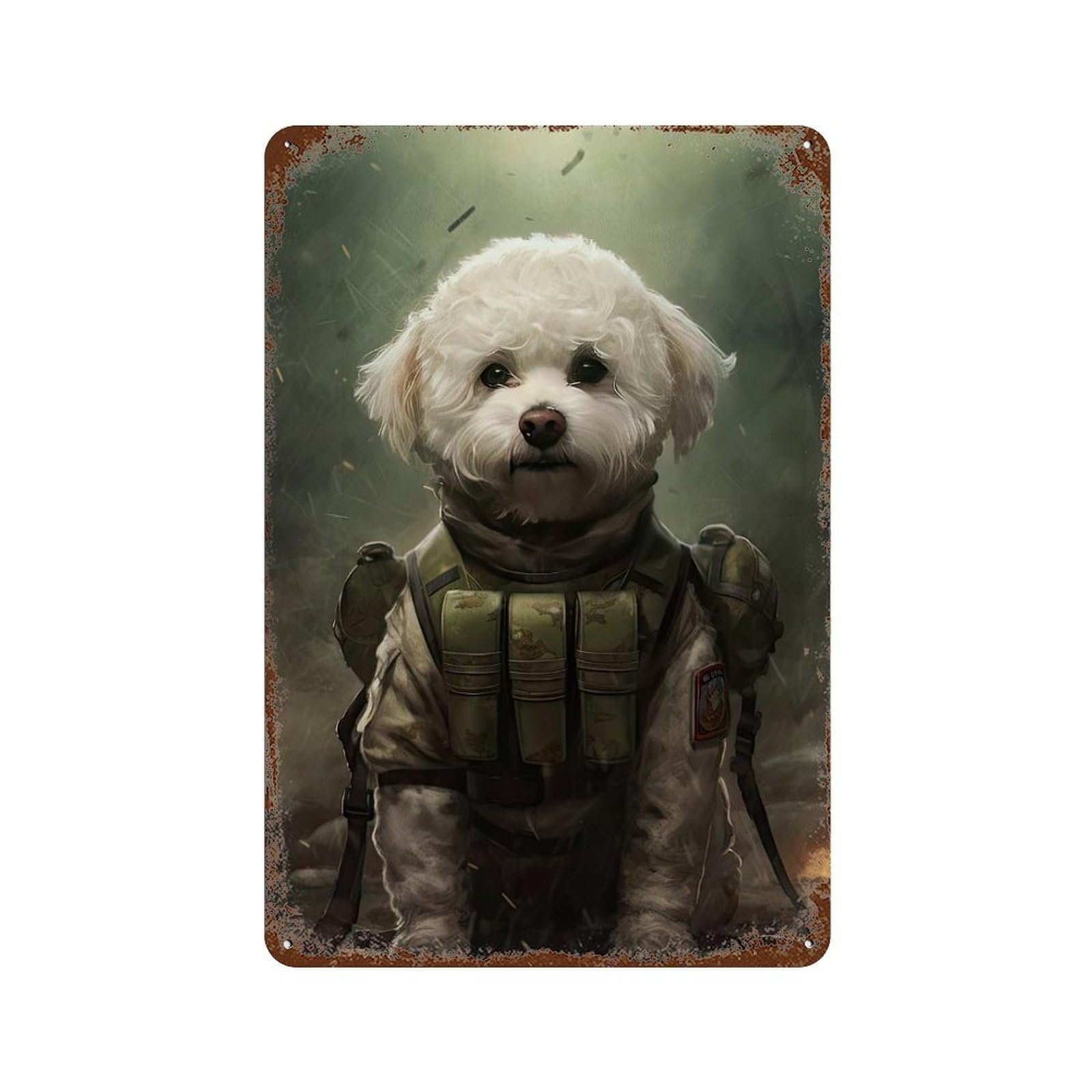 Vintage Rust Metal Sign with Bichon Frise Soldier Design 11.8"x7.9", for Farmhouse, Kitchen And Entryway Decor, Novelty Wall Decor