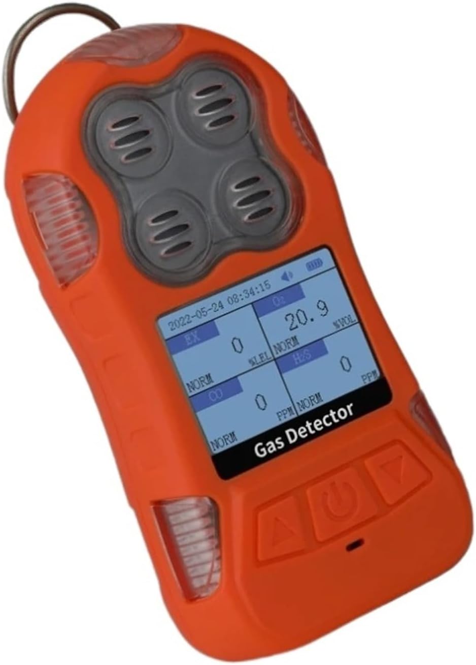 4 In 1 EX, H2S, CO, O2 Multi Gas Detector Combustible Gas Monitor Analyzer With Vibration, Visual And Audible Alarms Real-Time Dates(Orange)