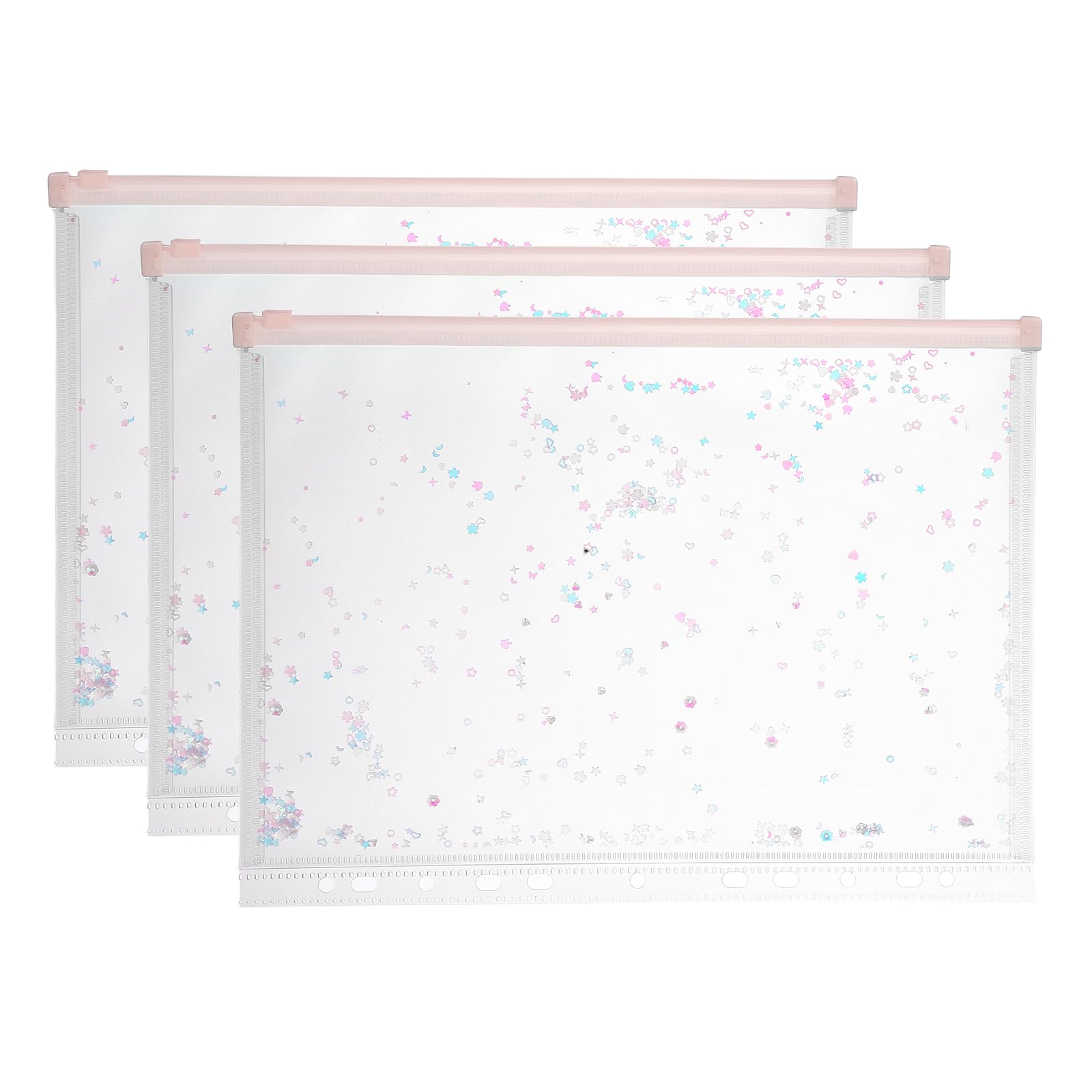 PATIKIL 3Pcs A4 Plastic Binder Zipper, Binder Pockets 12 x 9 Clear Envelope Folders Planner Waterproof Pouch Filing with Sequin Decor for Document Notebook Card Organizer, Light Pink