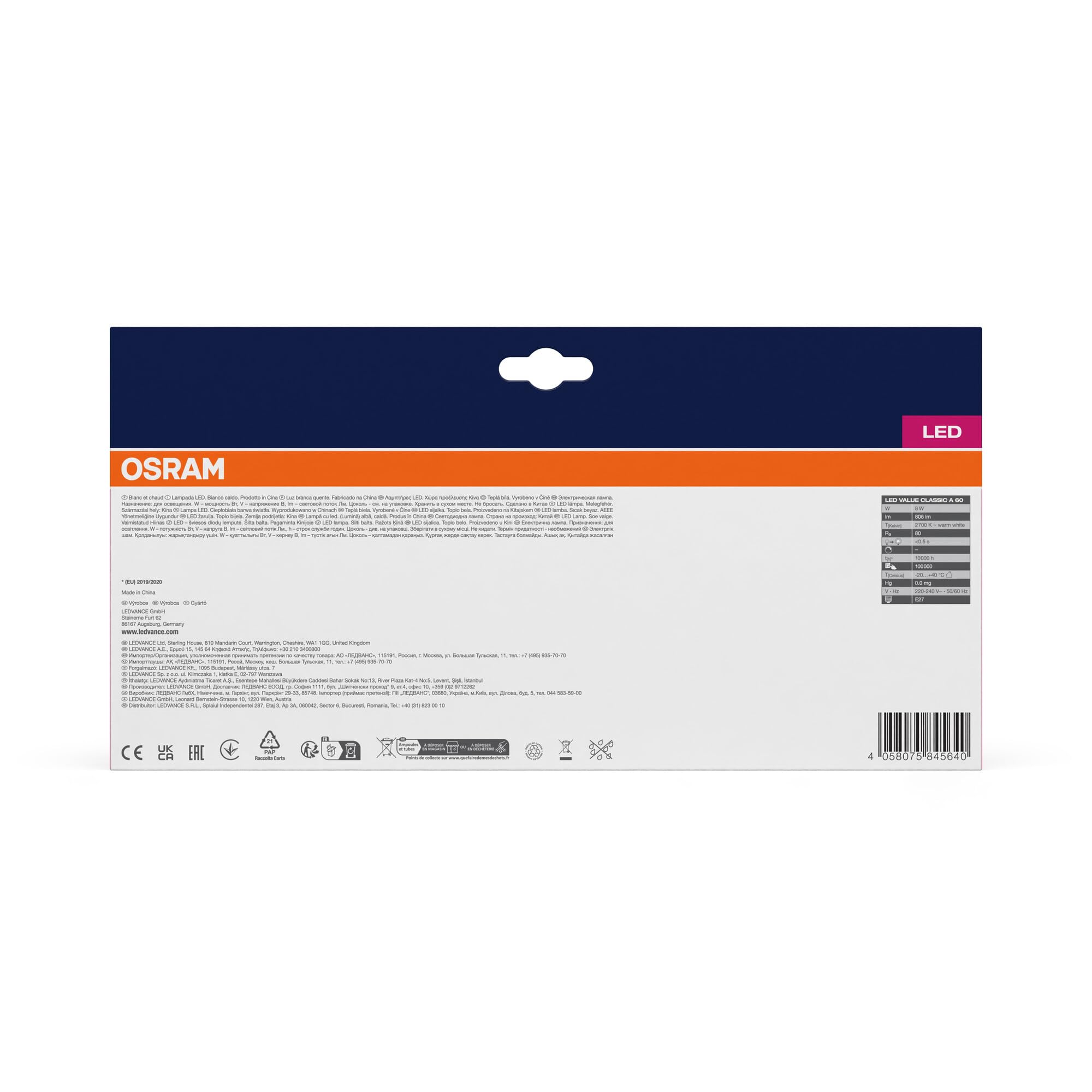 OSRAM LED Star VALUE A60, paquete de 60 bombillas, reemplaza bombillas