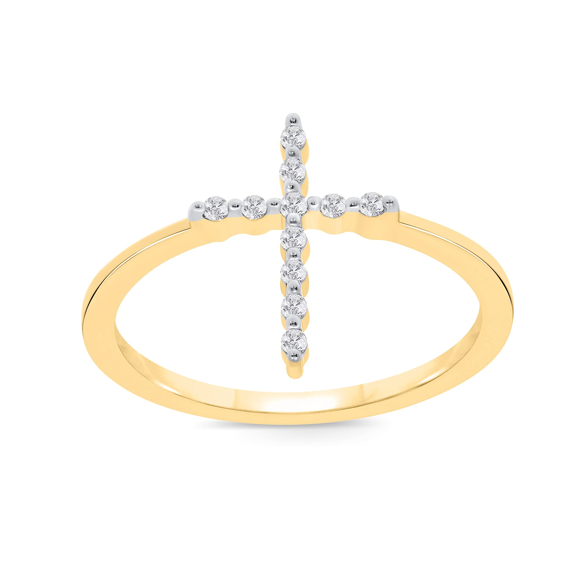 Elmas JewelryElmas 1/10ct Round White Diamond 10K White Yellow Rose Gold Cross Band Ring for Women