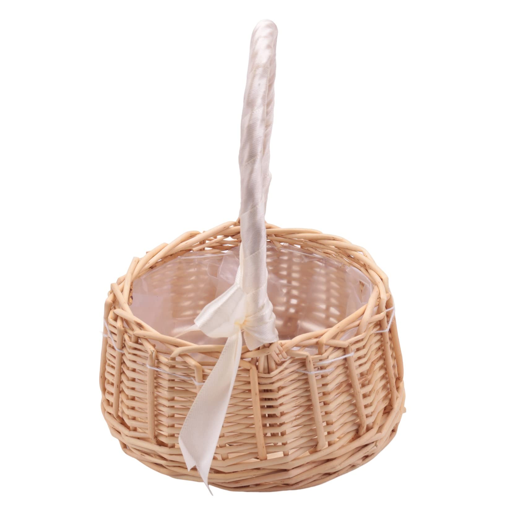 Ksrnsne Girls Natural Wicker Woven Flower Basket With Handle And White Ribbon Wedding Flower Basket For Home Garden Decoration, Small