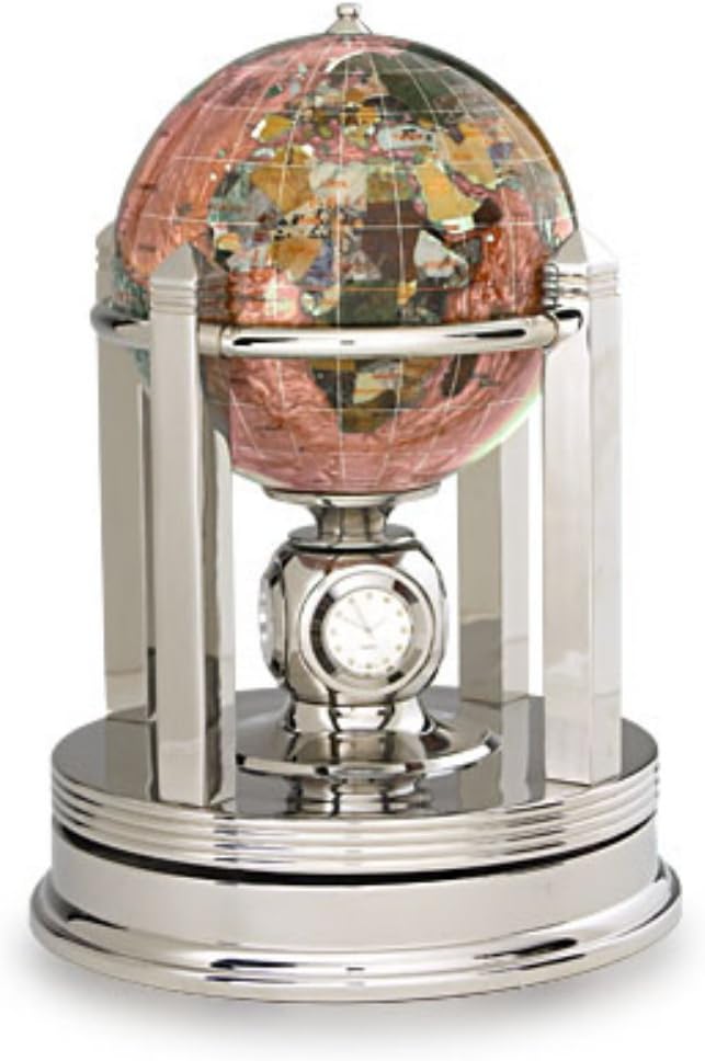 Kalifano 6" Gemstone Globe with Copper Amber Opalite Ocean and Bright Silver Galleon Rotating Base
