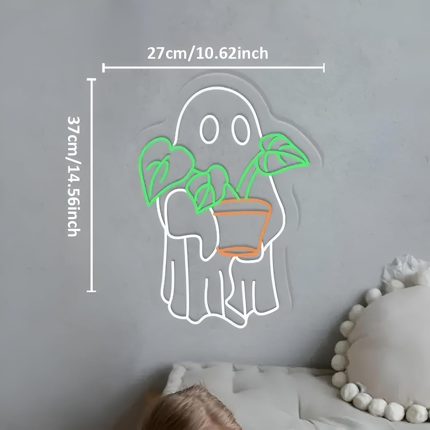 Cute Ghost & Monstera Neon Sign – Halloween Wall Decor Monstera Holding Plant Light Spooky Room Decor Halloween Plant Lover Gift