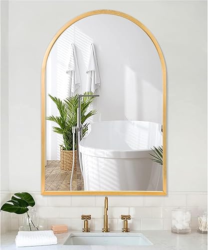 Miniatura 107 de Espejo de pared arqueado negro con marco de aleación de aluminio, espejo de baño de metal cepillado, espejo montado en la pared para sala de estar