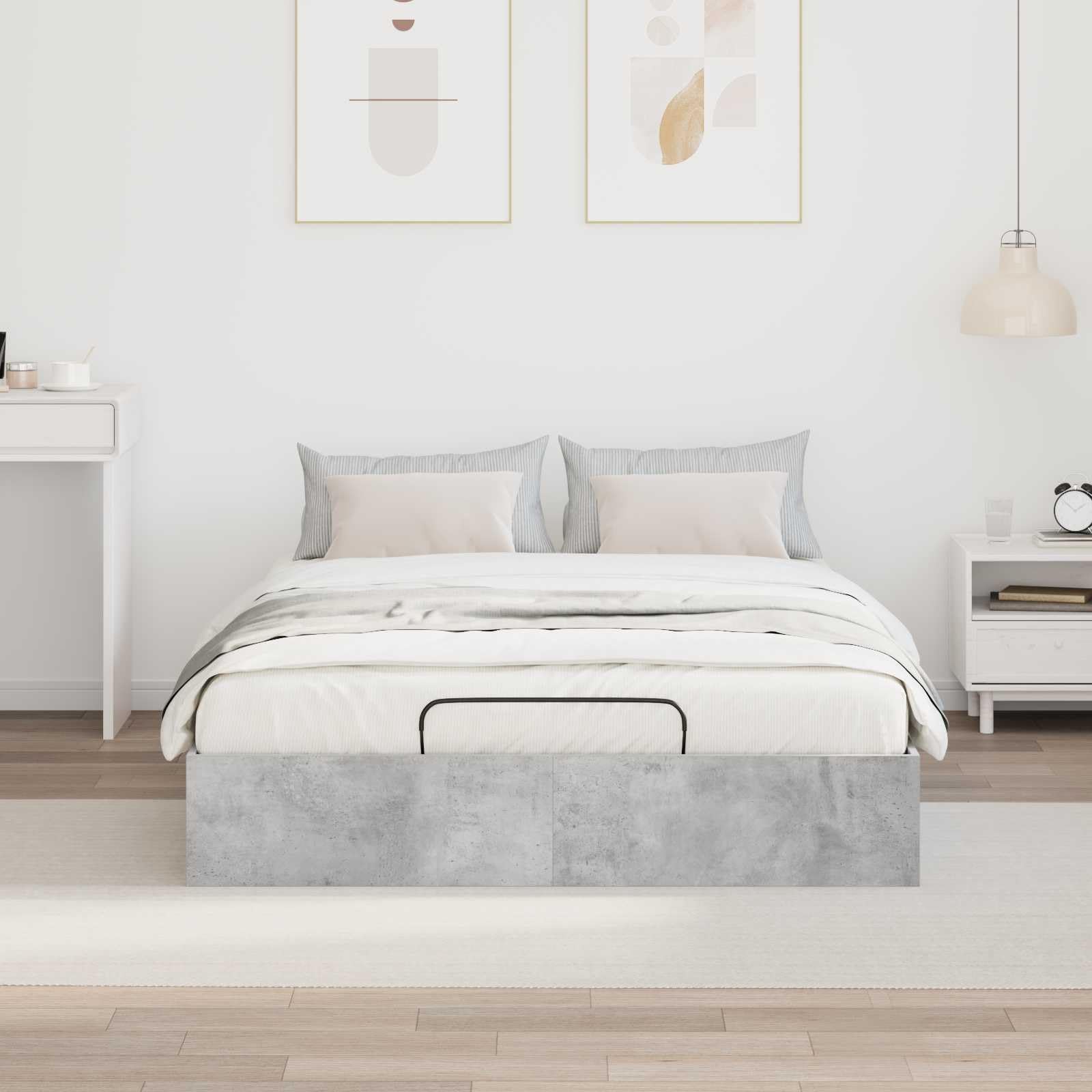 Ottoman, struttura per letto in cemento grigio, 203 x 140 x 25 cm, materiale in legno con meccanismo di sollevamento a gas, telaio per materassi Queen per spazio spazioso, base moderna per