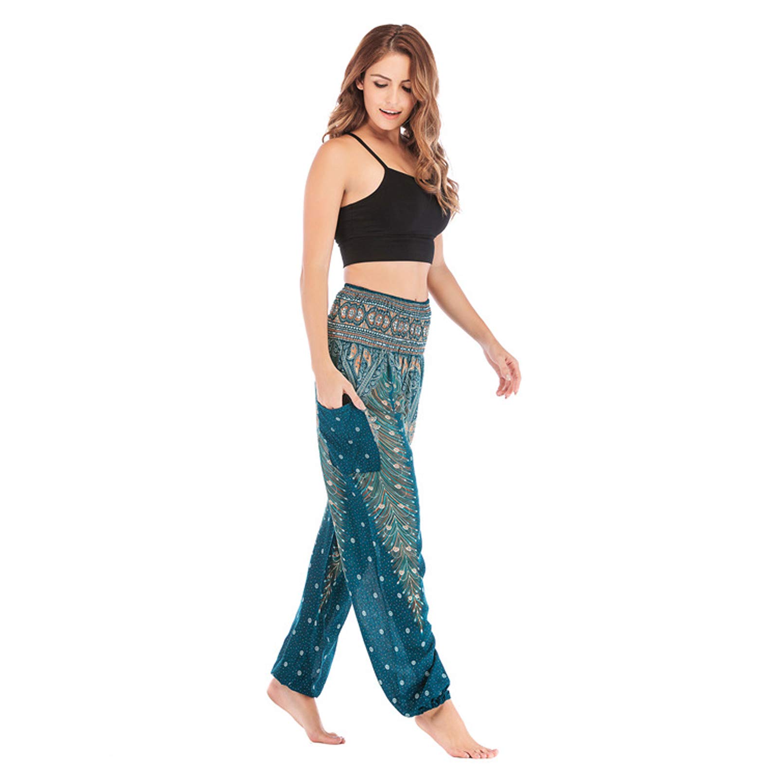 Sarouel Femme Pantalon Hippie Élastique Pantalon Jogger Poche Baggy Taille Haute Gym Sport Lounge Pantalon pour Yoga Summer Plage 002-Taille Unique
