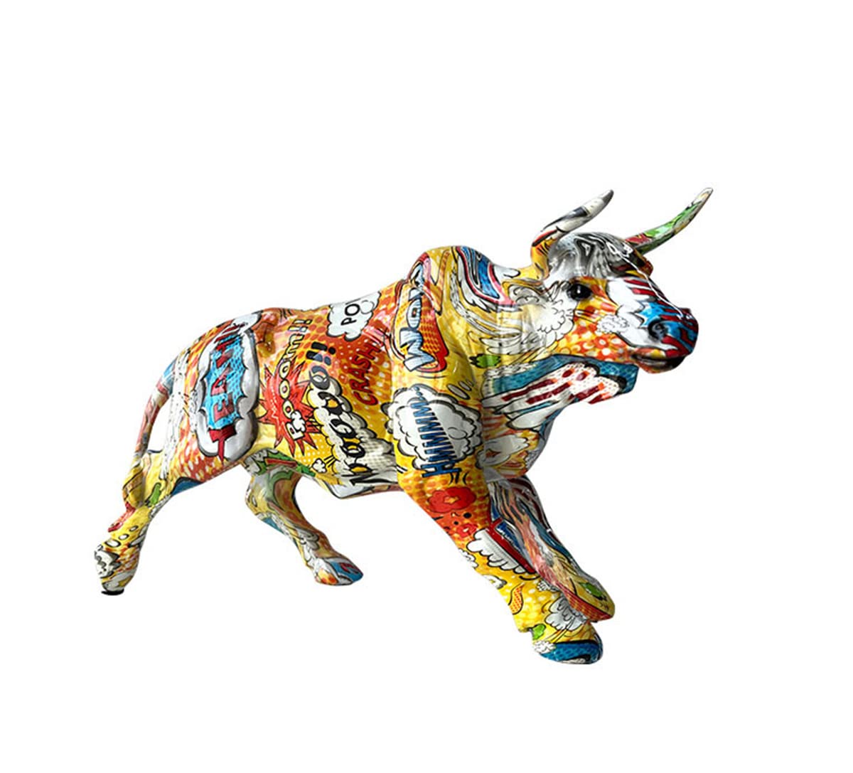 eLymwooSimple Creative 11 Inches Bull Resin Statue Gifts Modern Home Decoration Bedroom Living Room Study Room Office Desktop Bull Decoration Graffiti Colorful Art Resin Craft Animal Scupture (B)