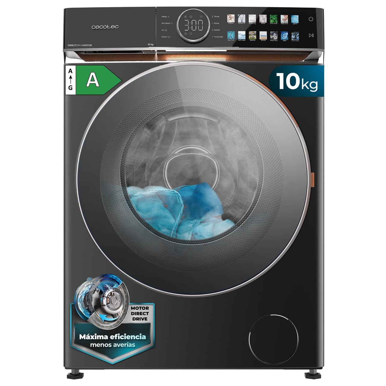 Cecotec Lavadora 10Kg Carga Frontal Bolero DressCode 10980 Direct Drive Steel A. 1400RPM, Motor Direct Drive, Bajo Consumo, Pantalla FullColor, Acabados Imitación Cuero, Puerta XXL y Vapor Etiqueta Energética
