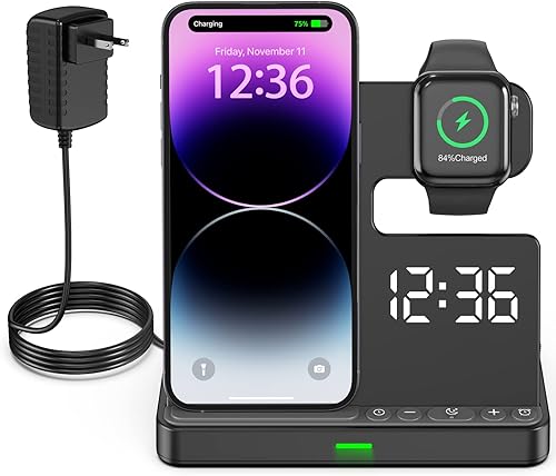 Miniatura 1 de BUFFBEE Reloj despertador con cargador inalámbrico, atenuador de pantalla del 0 al 100%, volumen ajustable, reloj digital de cabecera con estación