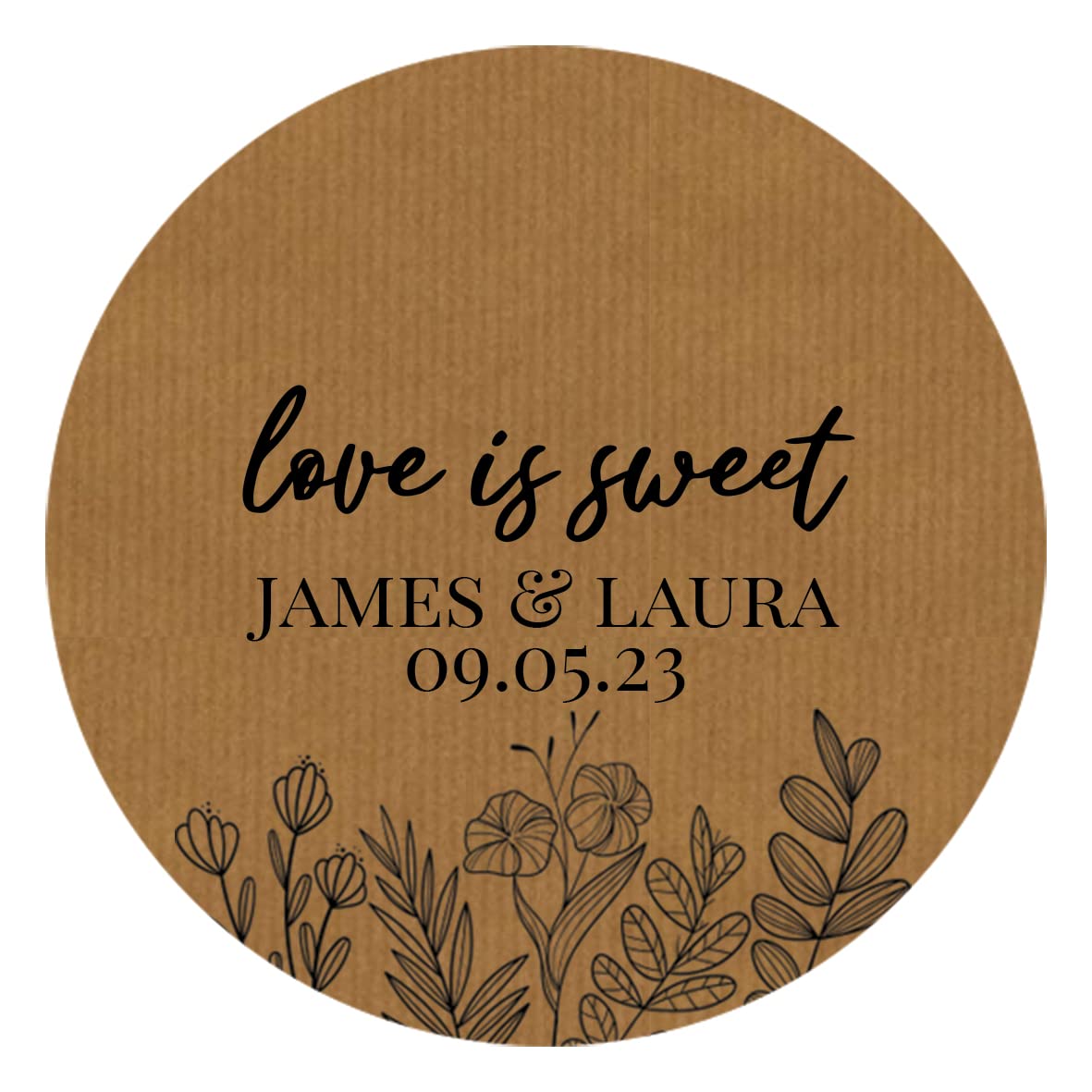 Personalised Floral Wedding Party Sweetie Bag Table Stickers/Labels (45mm (24 per Sheet), Love is Sweet, Brown)