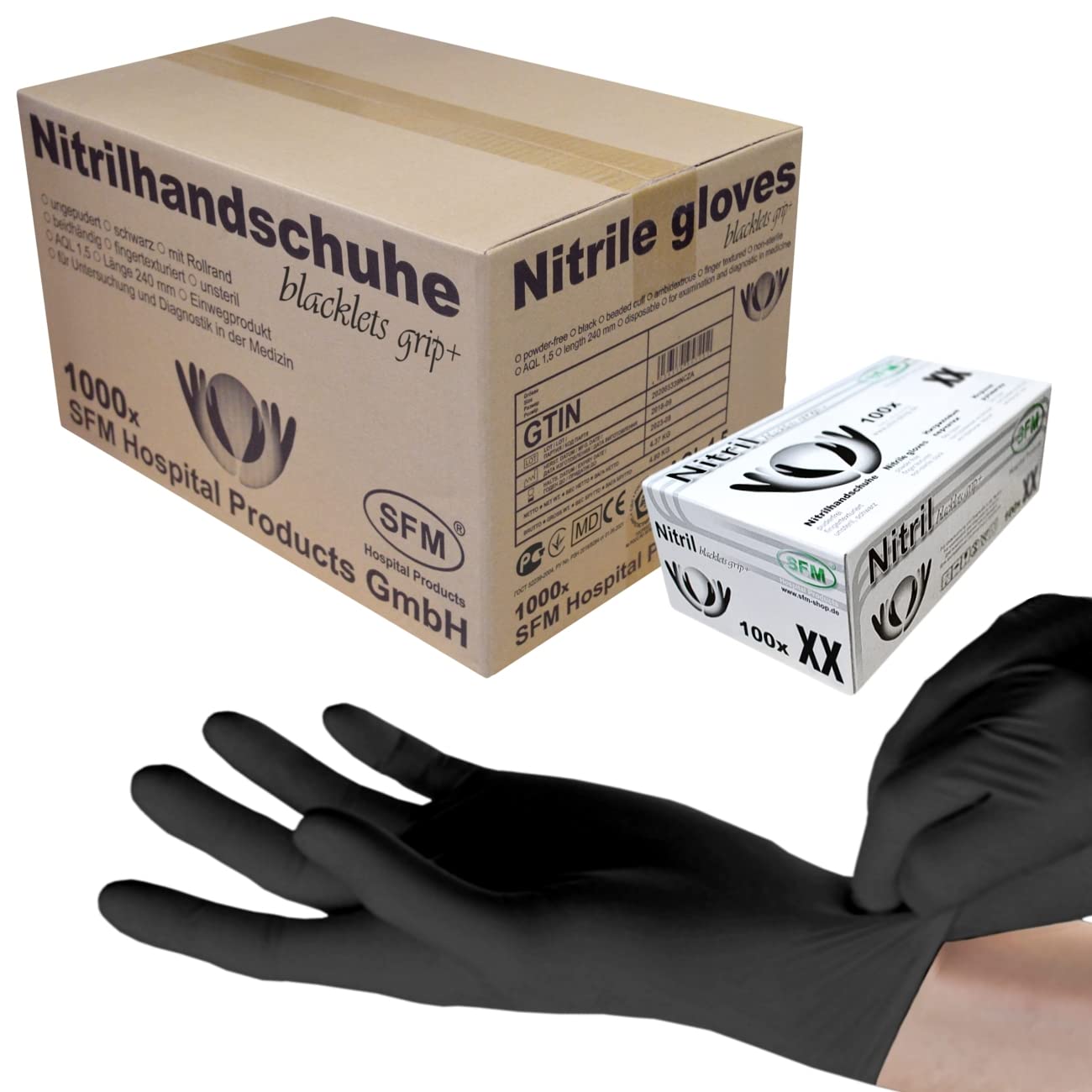 SFM ® BLACKLETS GRIP+ Nitril : XS, S, M, L, XL schwarz puderfrei F-tex Einweghandschuhe Einmalhandschuhe Untersuchungshandschuhe Nitrilhandschuhe XL (1000)