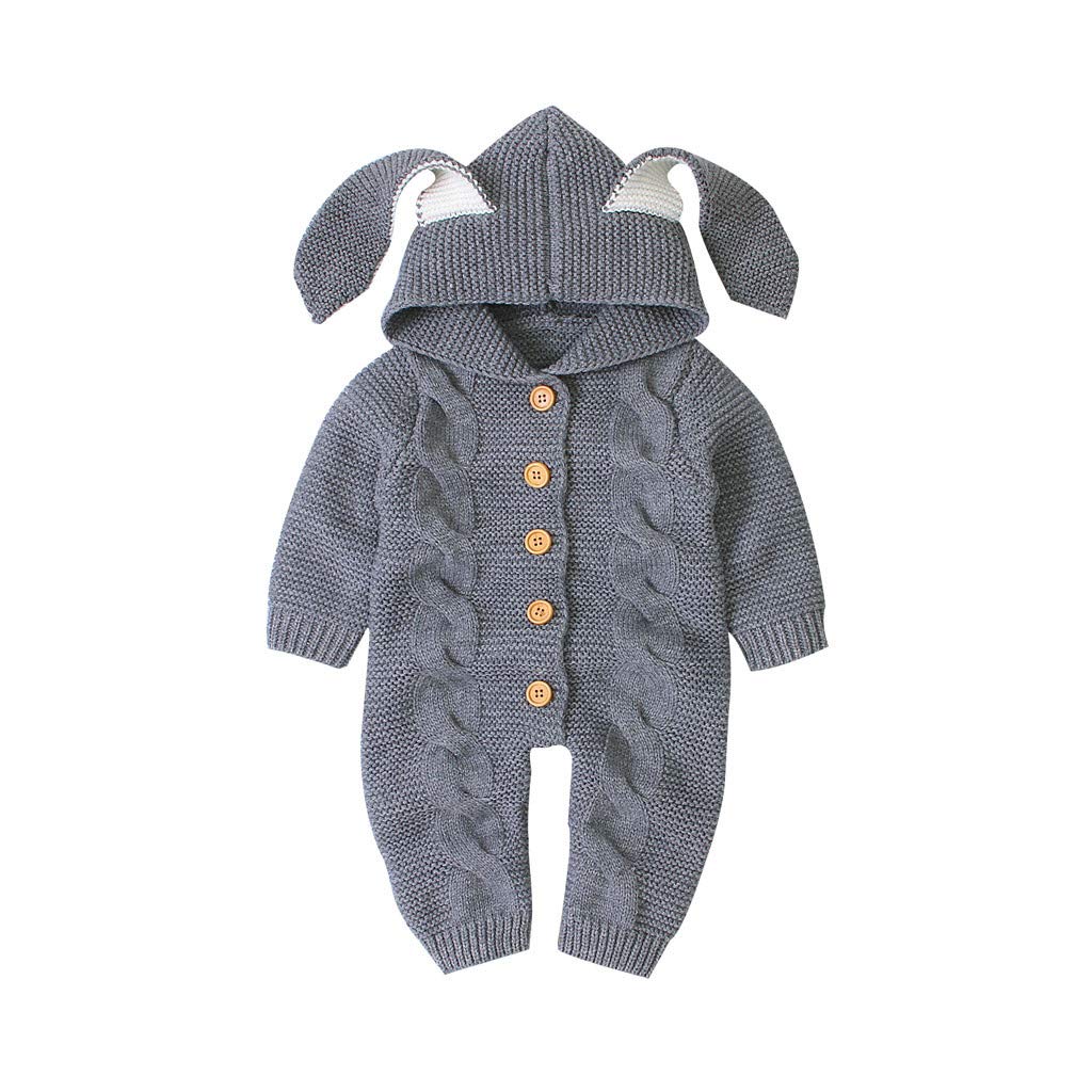 RNTOP Newborn Baby Girl Boy Sweater Romper Long Sleeve Bunny Ear Hooded Jumpsuit Infant Knitted Soft (Grey, 0-6 Months)