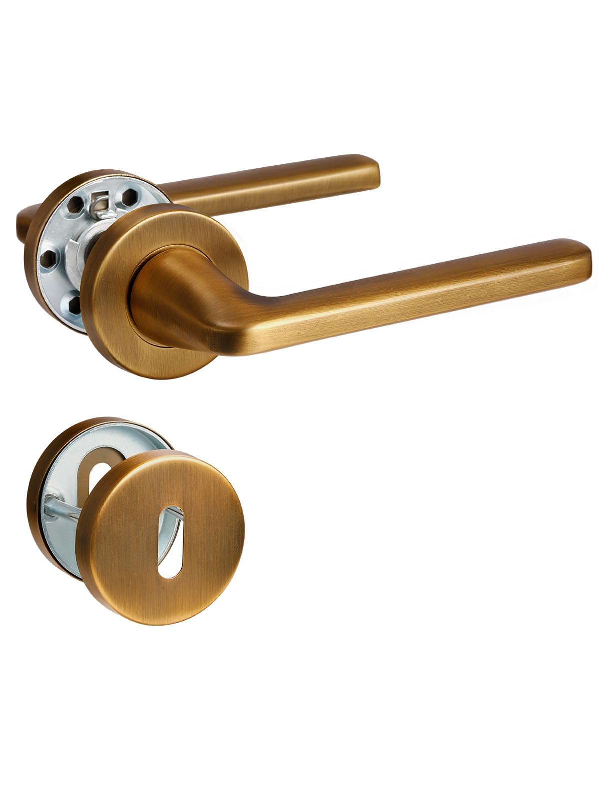 SORWDUERM 2 coppie di maniglie per porte in ottone anticato, finitura acciaio inox spazzolato opaco, set di maniglie per porte d'ingresso e interne, forma a L, rosetta rotonda, BB - maniglia per letto