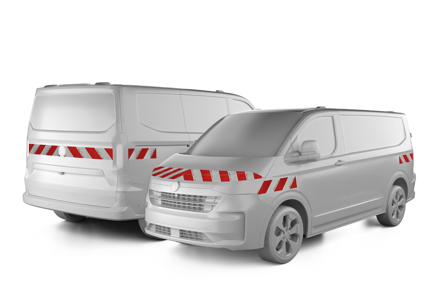 reflecto Kfz-Warnmarkierung passgenau für VW New Transporter Baujahr ab 01-2025 - rot-weiß, selbstklebend - aus Orafol ORALITE 5921M Reflexfolie - gemäß DIN 30710 (Komplettsatz, mit Heckklappe)