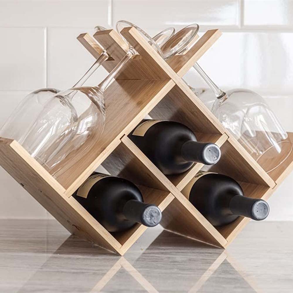 Sososhoot Dismountable Bamboo Wine Rack 3 Bottles Dry 4 Wine Glasses asTable Top Wine Bottle Rack Farmhouse Wine Racks for Cabinet Bamboo Wine Bottle Holder Small Wine Racks Countertop