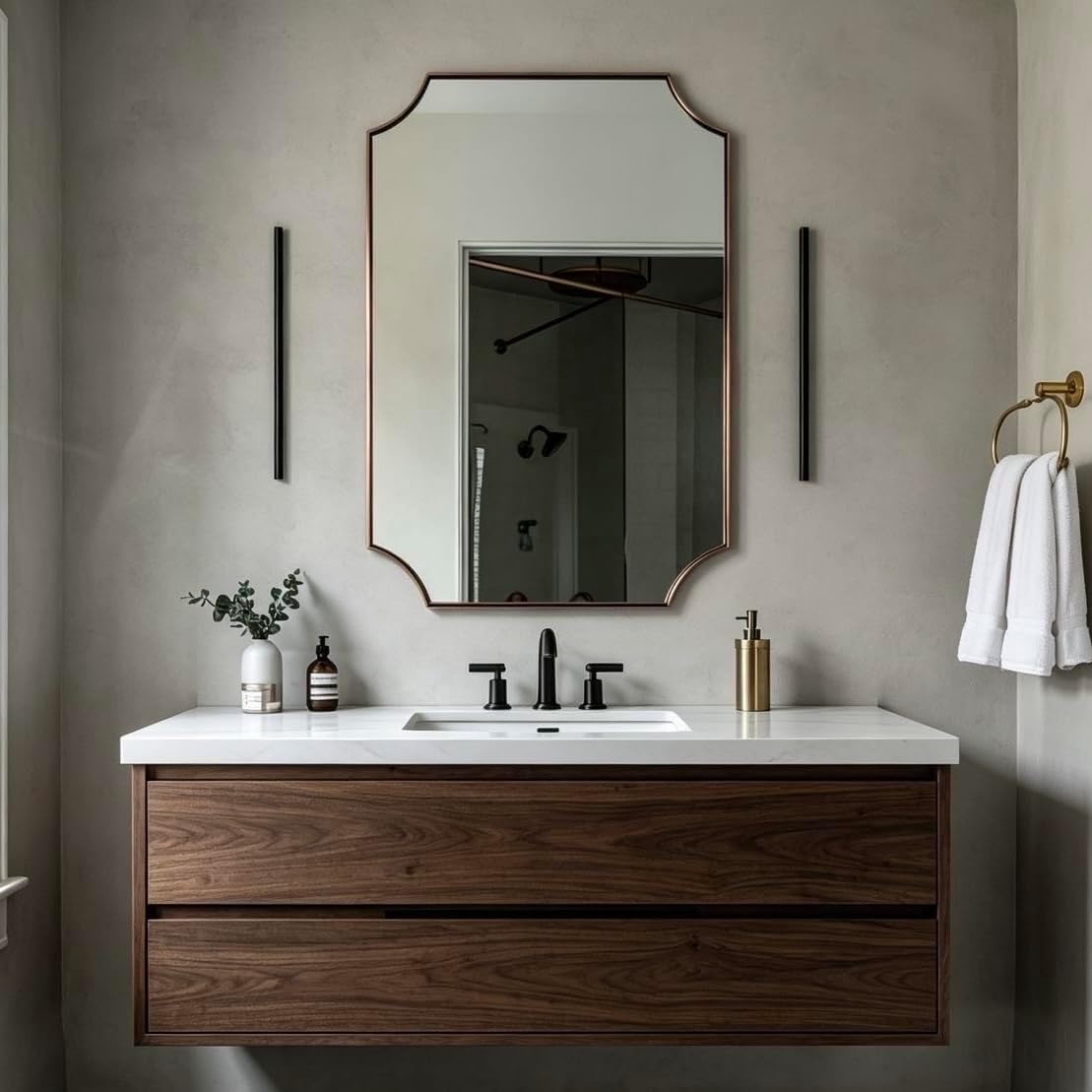 ANDY STAR Brushed Bronze Bathroom Mirror, 24x36 Inch Scalloped Mirror for Bathroom, Antique Bronze Rectangular Mirror with Premium Stainless Steel Metal Frame, Thin Frame Deep 1"