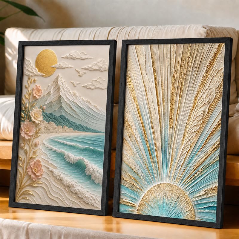 Image of NoWorries Coastal Sunrise Wall Painting Set of 2 with Frame | Textured Sunburst & Beach Landscape Artwork, Ocean Mountain Floral Nature Wall Decor for Living Room, Bedroom, Office and Home Decoration (Art-13, 21x31inch)