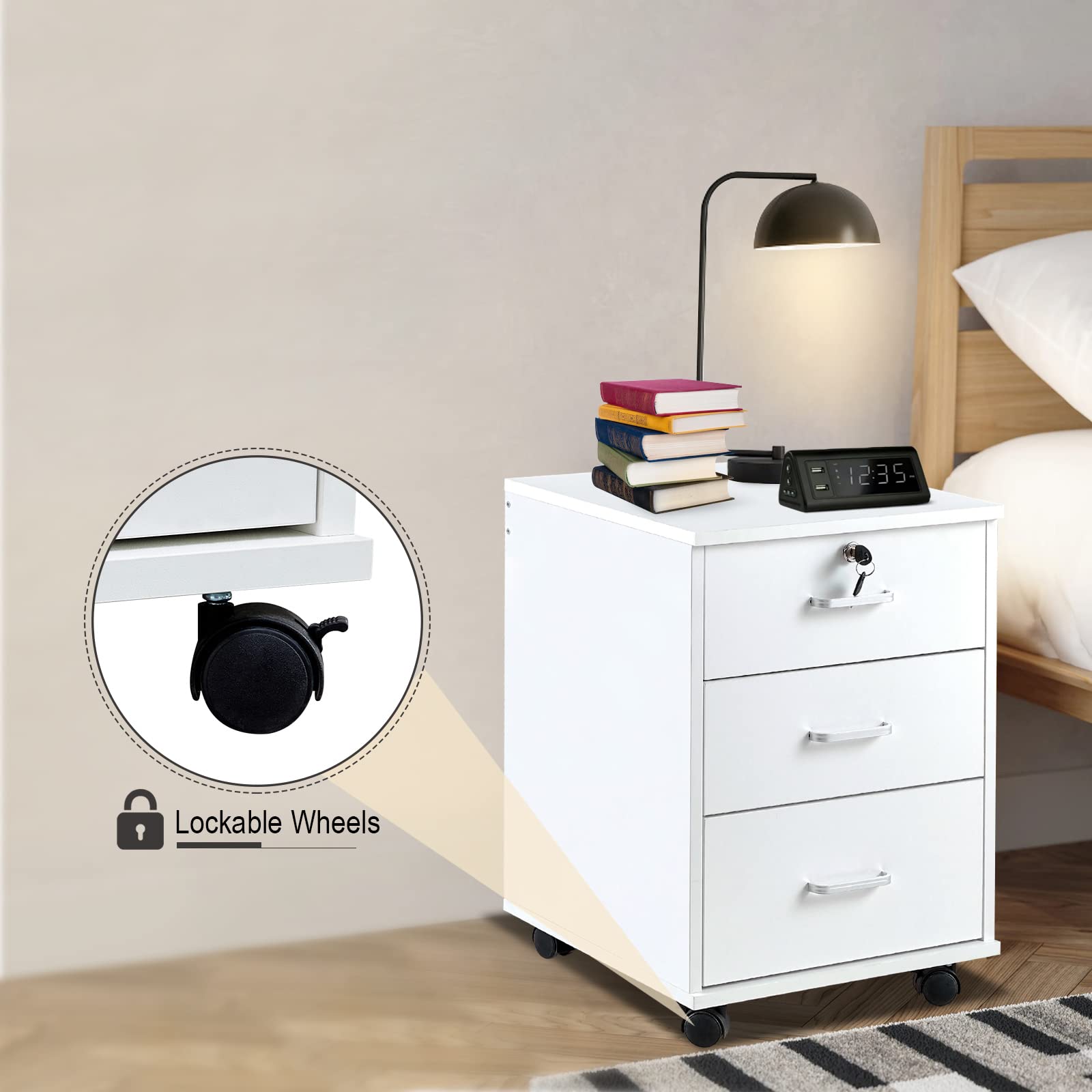 OFCASA Archivador móvil de 3 cajones con cerradura para oficina con ruedas, gabinete de almacenamiento de madera blanca para oficina en casa, 40 x 40 x 55 cm
