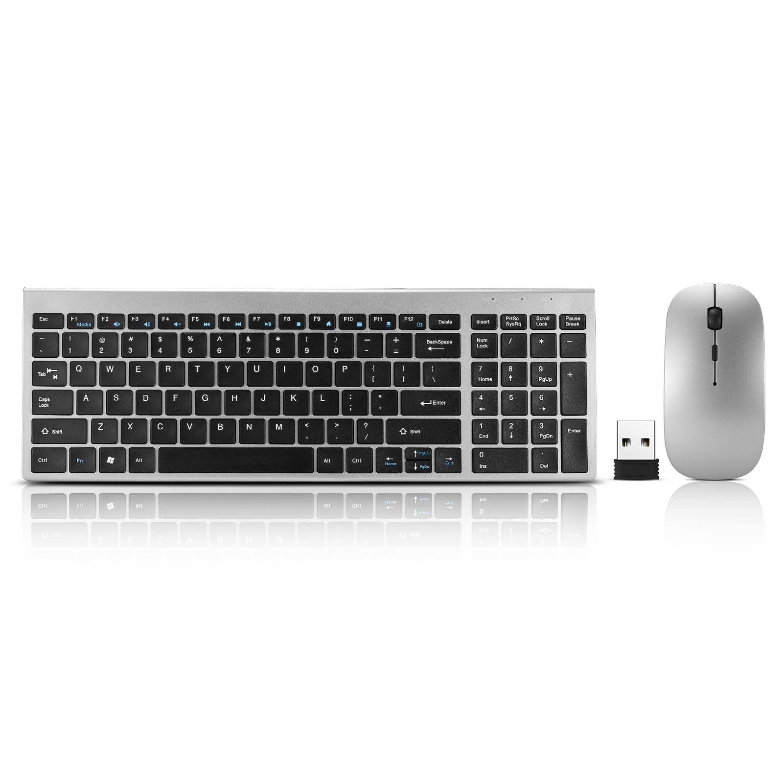 Kabellose, leise, leichte Tastatur und Maus, ultradünn, 2,4 G, USB, leise, kompakt, Scherenschalter, Tastatur-Maus-Set mit Abdeckung, 2 AA- und 2 AAA-Batterien, für Laptop/PC/Windows – Grau + Schwarz