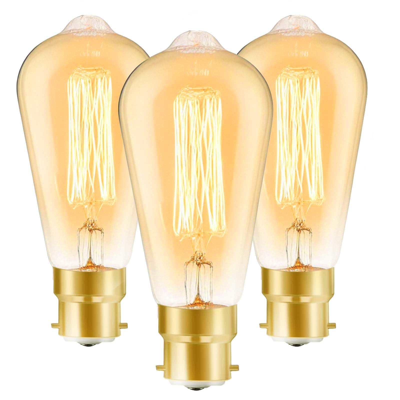 JQslight B22 Vintage Edison Light Bulb,ST64 Industrial Style Bayonet Filament Bulbs 60W,2700K Warm White Dimmable,600lm
