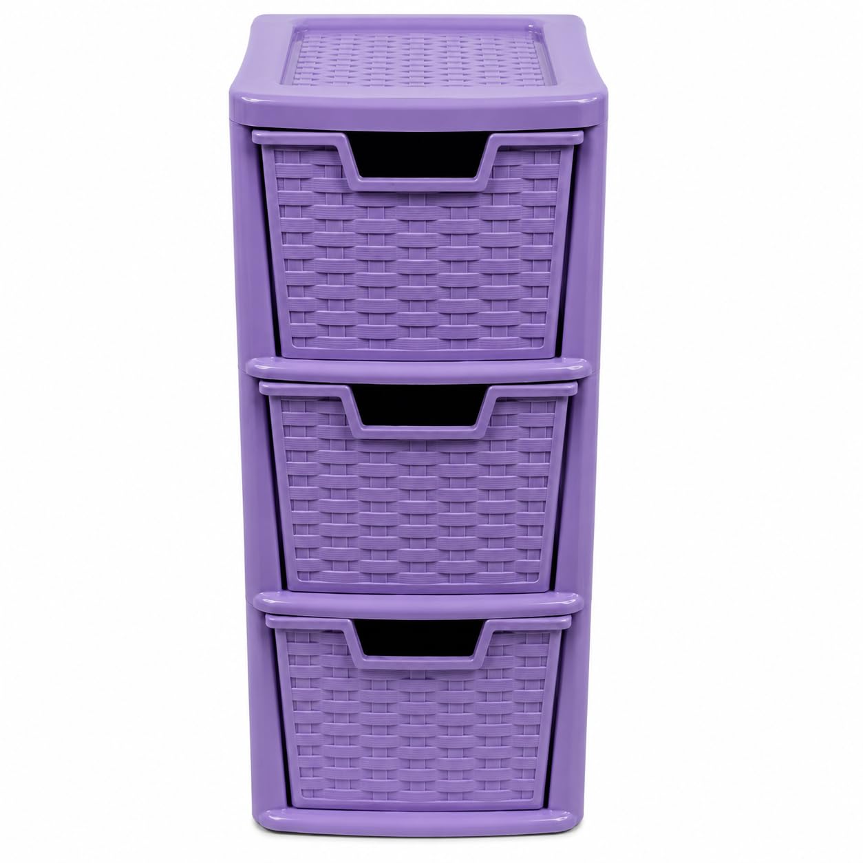 ORYNTO Medium Rattan Effect Plastic Storage Drawers Tower Spacious Plastic Drawers Organizer Unit for Home Office Bedroom Garage Durable Stylish Multi Purpose Storage Drawers (3 Tier, Rattan Lilac)