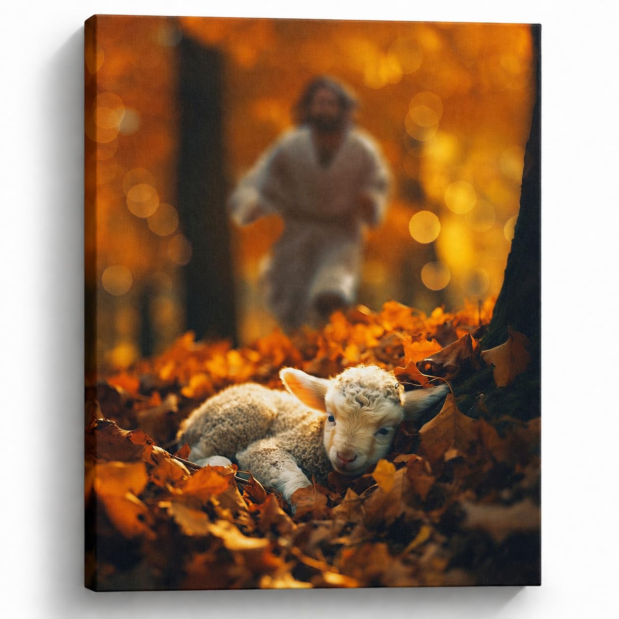 Jesus with Lamb Christian Canvas Wall Art, Autumn Forest Religious Canvas Print, Gallery Wrapped Ready to Hang Fade Resistant Faith Decor for Living