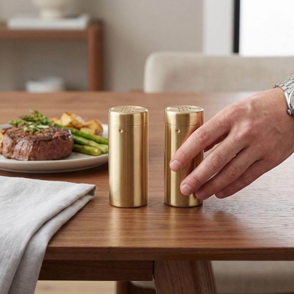 2Pcs Stainless Steel Seasoning Jars - Golden Kitchen Salt and Sugar Shakers with Dispensing Control, Refillable Seasoning Bottles