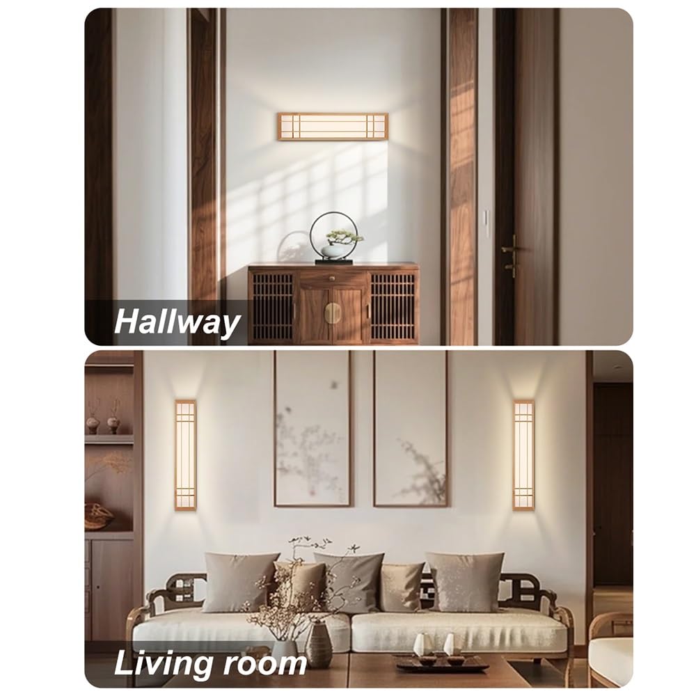 Lampy Ścienna Drewniana, Kinkiet Japoński LED Oświetlenie Ścienne Minimalistyczne Ściemnialne do Sypialni Salonu Korytarza(3 modes,80cm/31.49in)