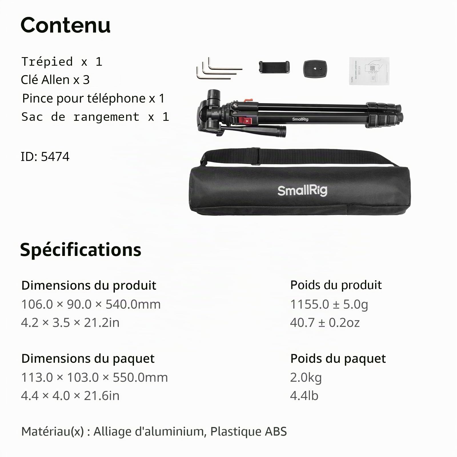 SMALLRIG 172 cm Trépied de Voyage en Aluminium avec Clip pour Caméra et Téléphone, Trépieds Portables avec Pieds à Verrouillage Rapide, pour Diffusion en Direct et Vlogging, Charge Max 5 kg - 5474