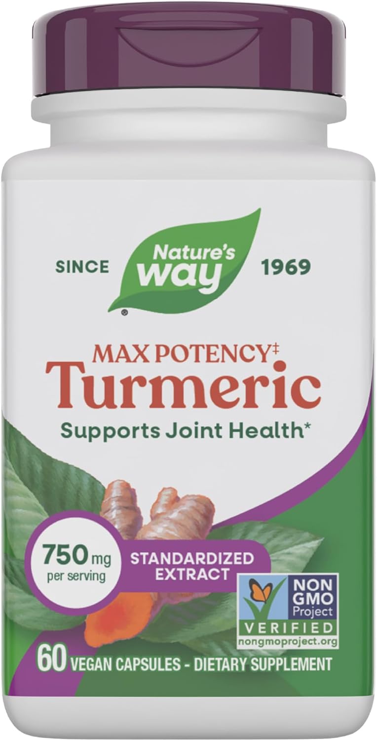 Nature's Way Max Potency Turmeric Premium Extract, Supports Joint Health*, Standardized to 95% Curcuminoids,750 mg per Serving, Gluten Free, 60 Vegan Capsules (Packaging May Vary)