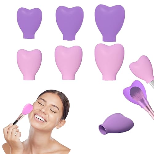 Juego de 6 fundas para brochas de maquillaje de corazón, tapa protectora de brochas de maquillaje reutilizable para viajes, morada y rosa a prueba