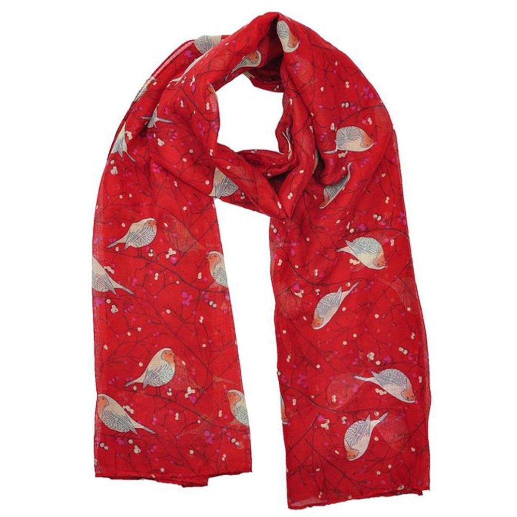Koly Women's Lady Long Cute Bird Print Scarf Wraps Shawl Soft Scarves (Red)