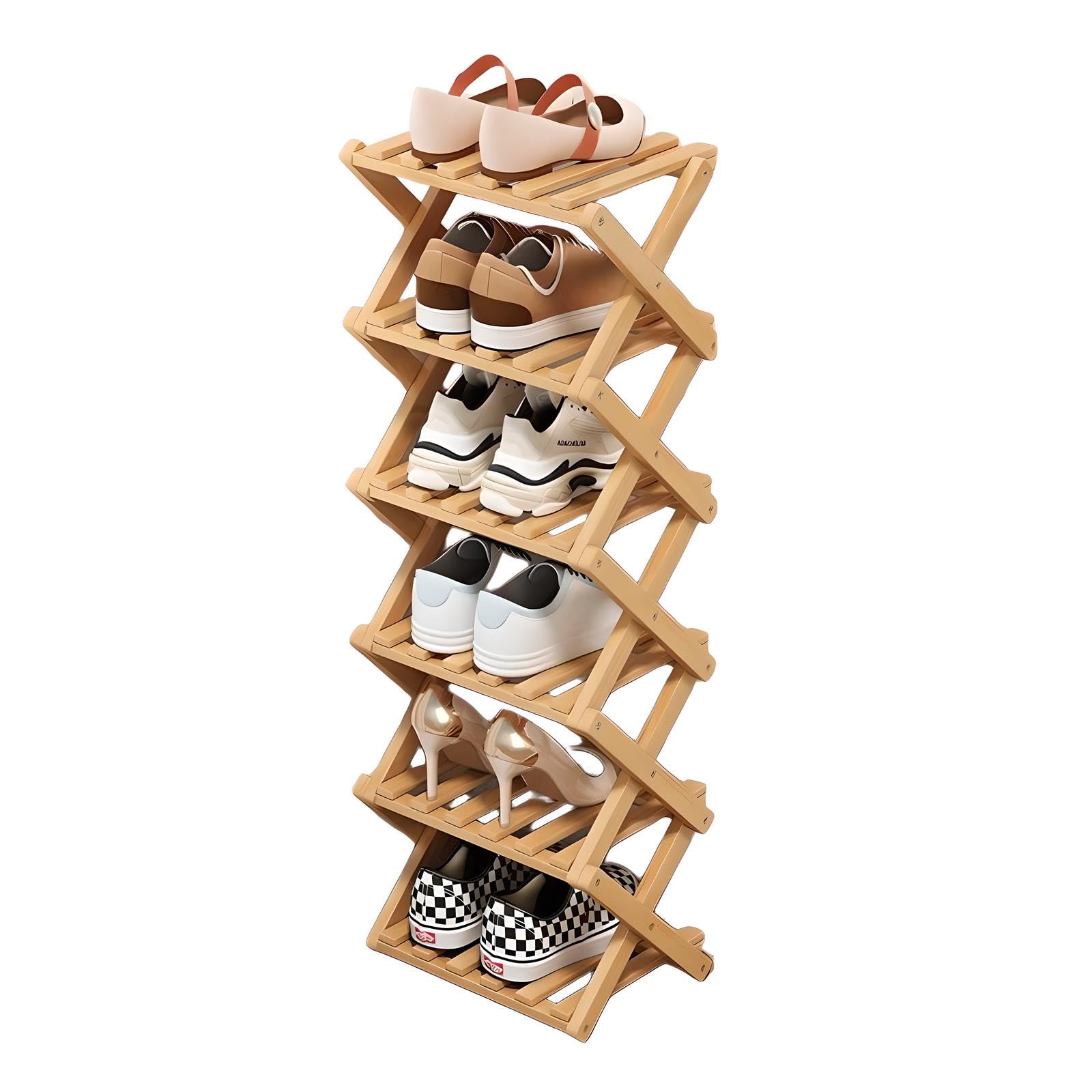 Simcat Wood Shoe Rack Foldable Shoe Organizer Shoe Storage for Small Spaces Free Standing Shelf for Entryway, Bedroom, Garage (6 Tiers,Primary Colors)