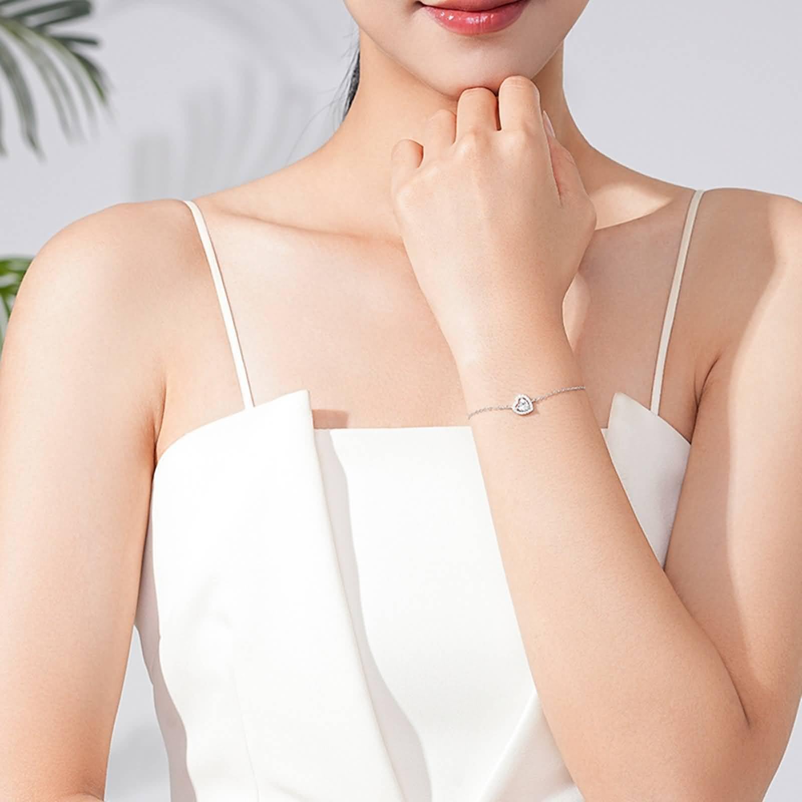 Pulsera Oro Blanco 9K / 14K / 18K Mujer, Cadena con Corazón y Diamante Creado de 0,5 ct, Cadena Extensible 16 CM + 5 CM, Pulseras para Mujer Ajustable Plata