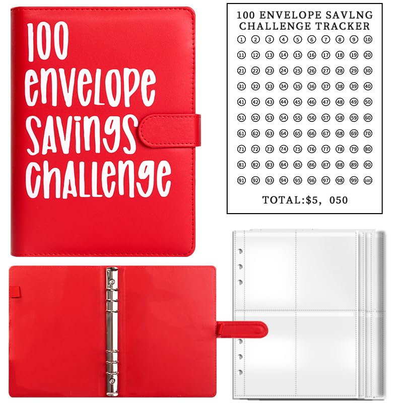 100 Envelopes Money Savings Challenges Book, Budget Binder Savings Challenge Book, Savings Challenges Budget Book Binder, Budget Binder with Cash Envelopes for Budget Planner & Saving Money (Red)