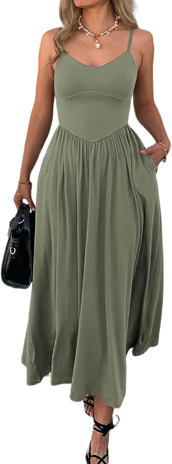Womens Spaghetti Strap Maxi Dresses Summer Casual Sleeveless A Line Long Flowy Dress with Pockets Beach Sundresses