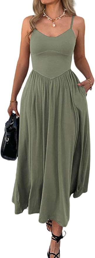 Evzeiem Womens Spaghetti Strap Maxi Dress with Pockets Beach Sundress — Green