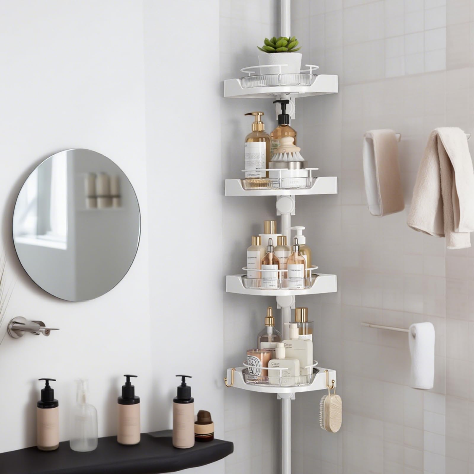 shuang qing 360 Rotating Corner Shower Caddy Tension Pole Organizer - 4-Tier Adjustable Rustproof Metal Pole Plastic Shelves