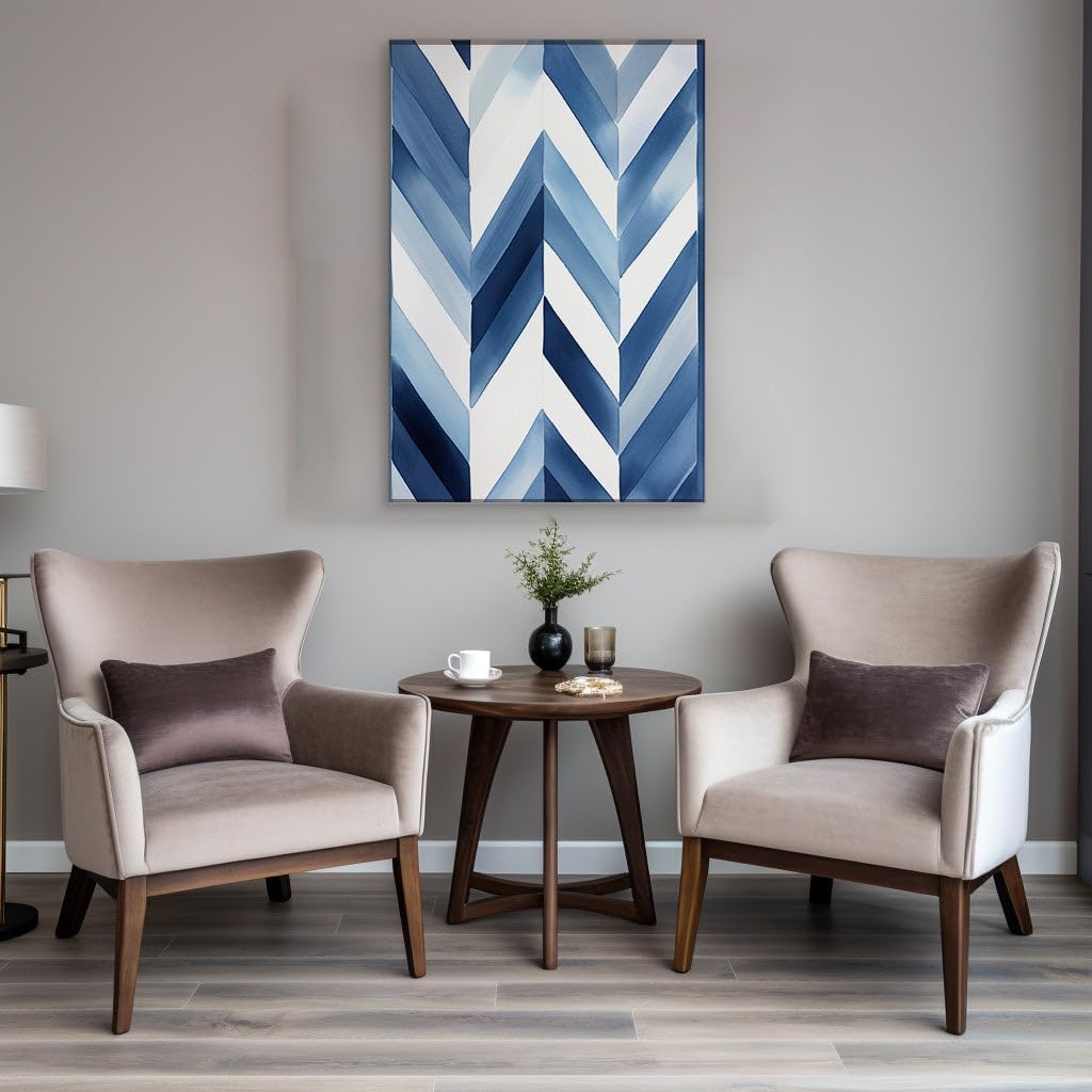 Canvas for Living room. Ascending Serenity in Shades of Blue � A Chevron Pattern's Abstract Journey, 27 x 18 inch Canvas Wall Art - Ready to Hang - 69x46 cm (27x18 inch)