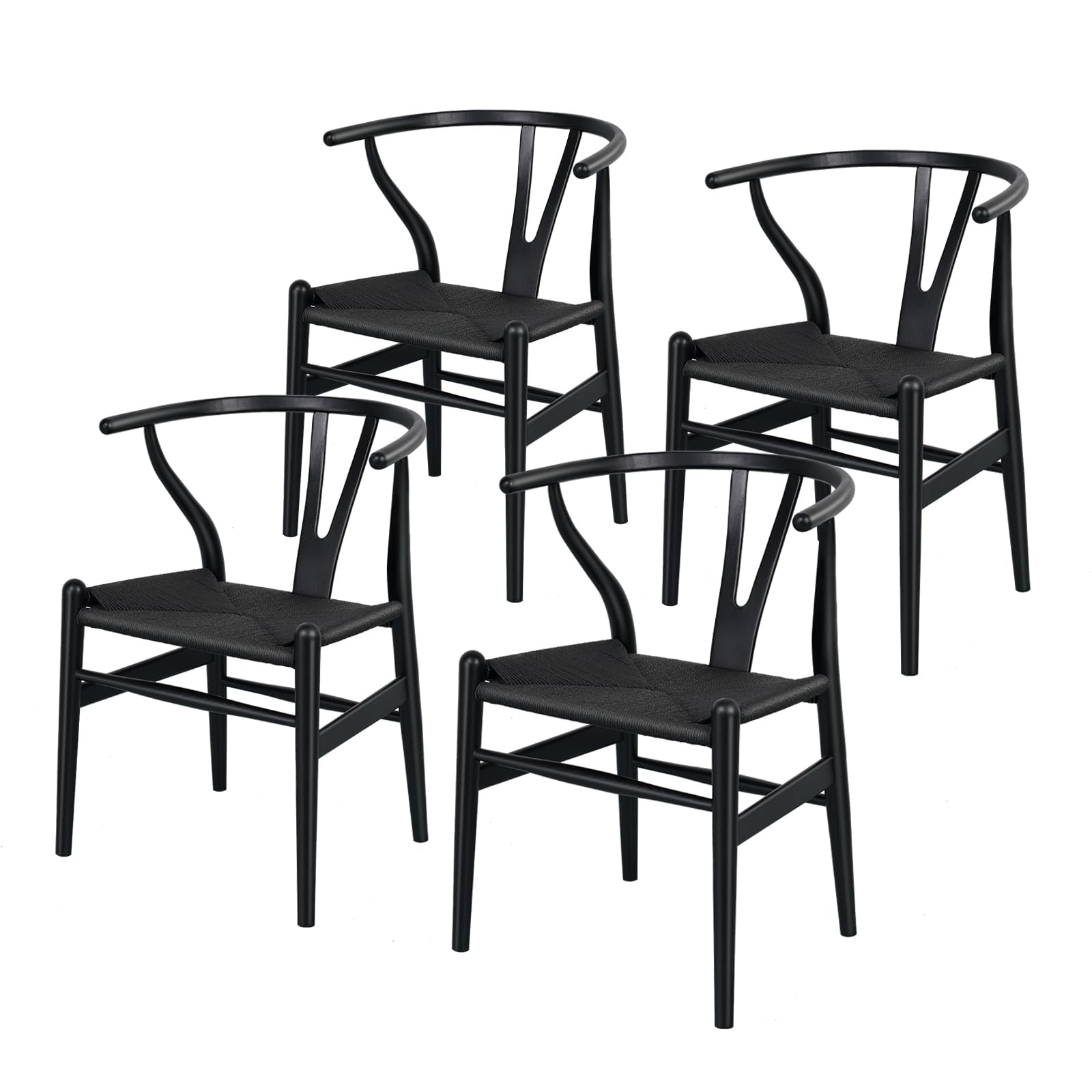 Polynices Wishbone Dining Chair Set of 4, Solid Wood Armchairs Chair Mid-Century Y Shaped Backrest Rattan Chairs,Hemp Seat (Ash Wood-Black)