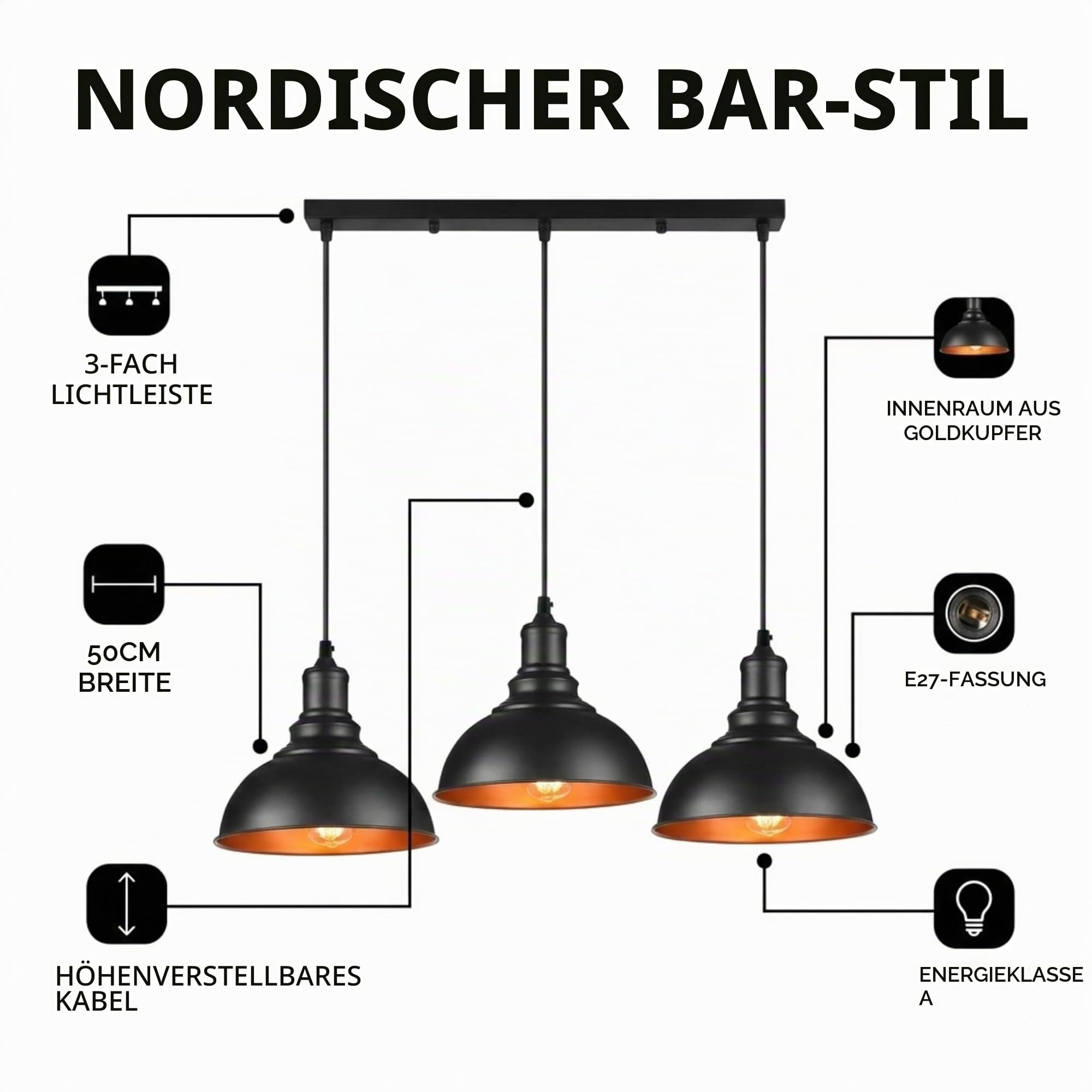 LEDSone Industrielle Pendelleuchte mit drei Köpfen, verstellbares Kabel, 95 cm, Metall-Lampenschirm, Retro-Industrie-Decke, E27-Fassung für Küche und Restaurant (Schwarzes inneres Gold)