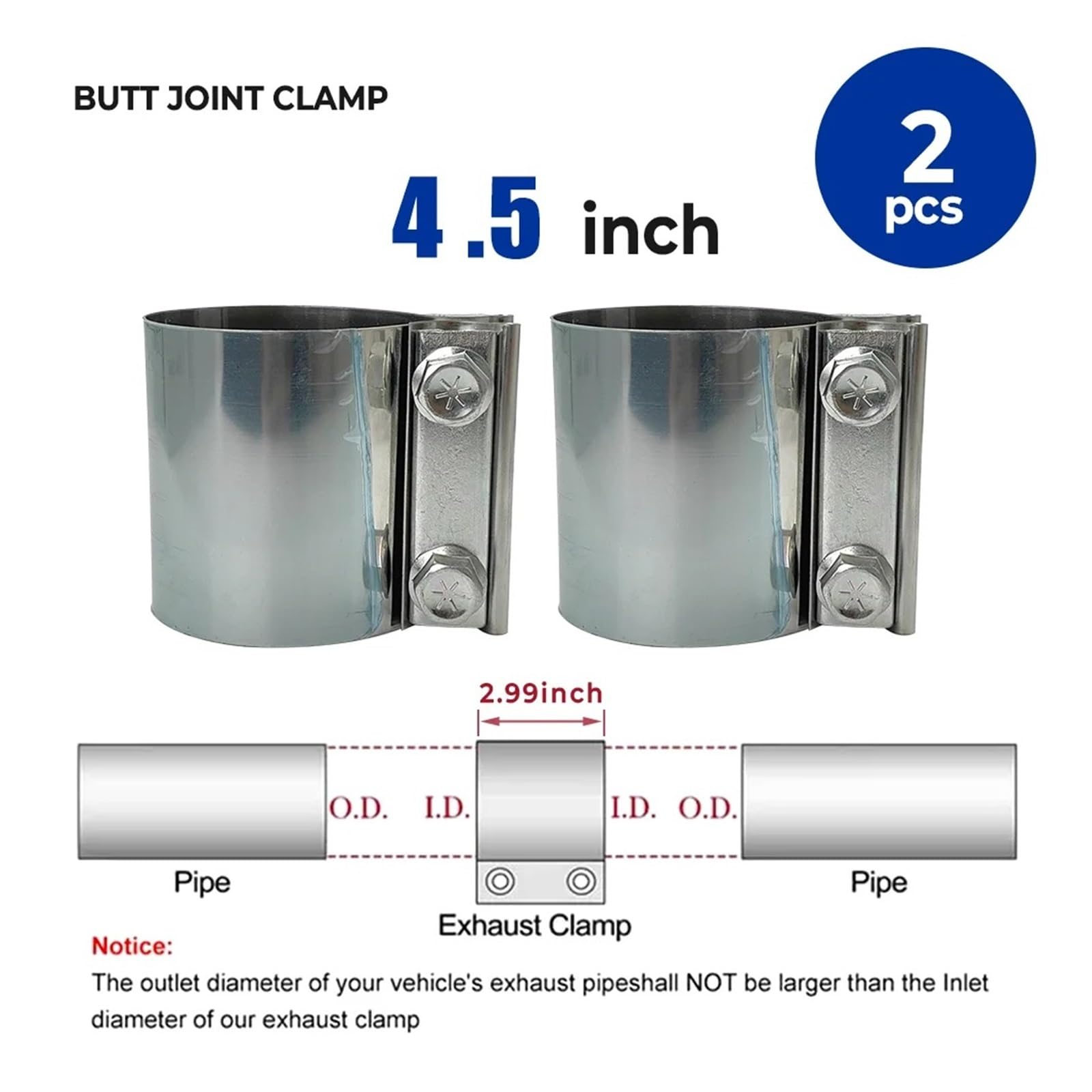 Cola Escape Tubo Silenciador Abrazadera Banda Con Junta A Tope De 2 Piezas, Acoplador Manguito Escape Universal Acero Inoxidable 304, Clip Tubo 2 "2,5" 3 "4" 4,5 "
