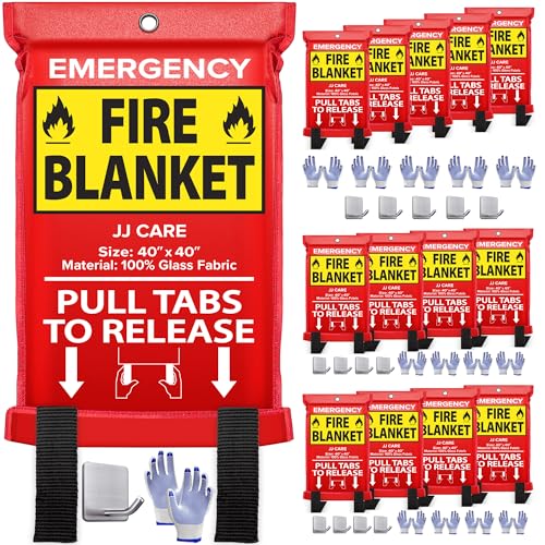 Image of JJ CARE Fire Blanket - 14 Packs with Hooks and Gloves - 40 inchx40 inch-Emergency Fire Blanket for Home & Kitchen, High Heat Resistant Fire Suppression Blankets for Home Safety, Kitchen, and Camping