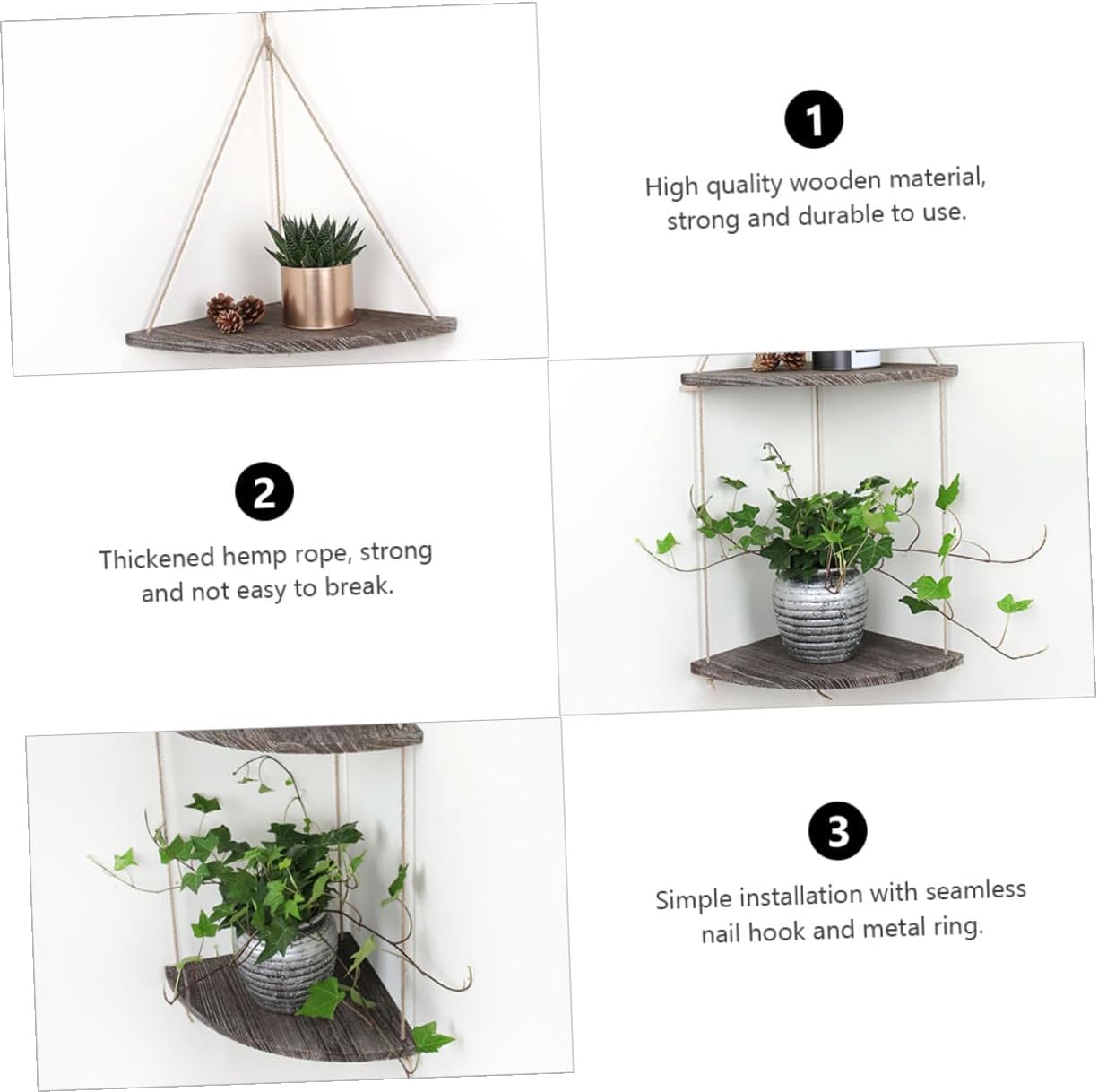 Vintage Corner Wall Storage Shelf with Thickened Rope Space-Saving Hanging Rack for Kitchen Bedroom Living Decor and Flower Pots Practical Floating Shelf for Organization