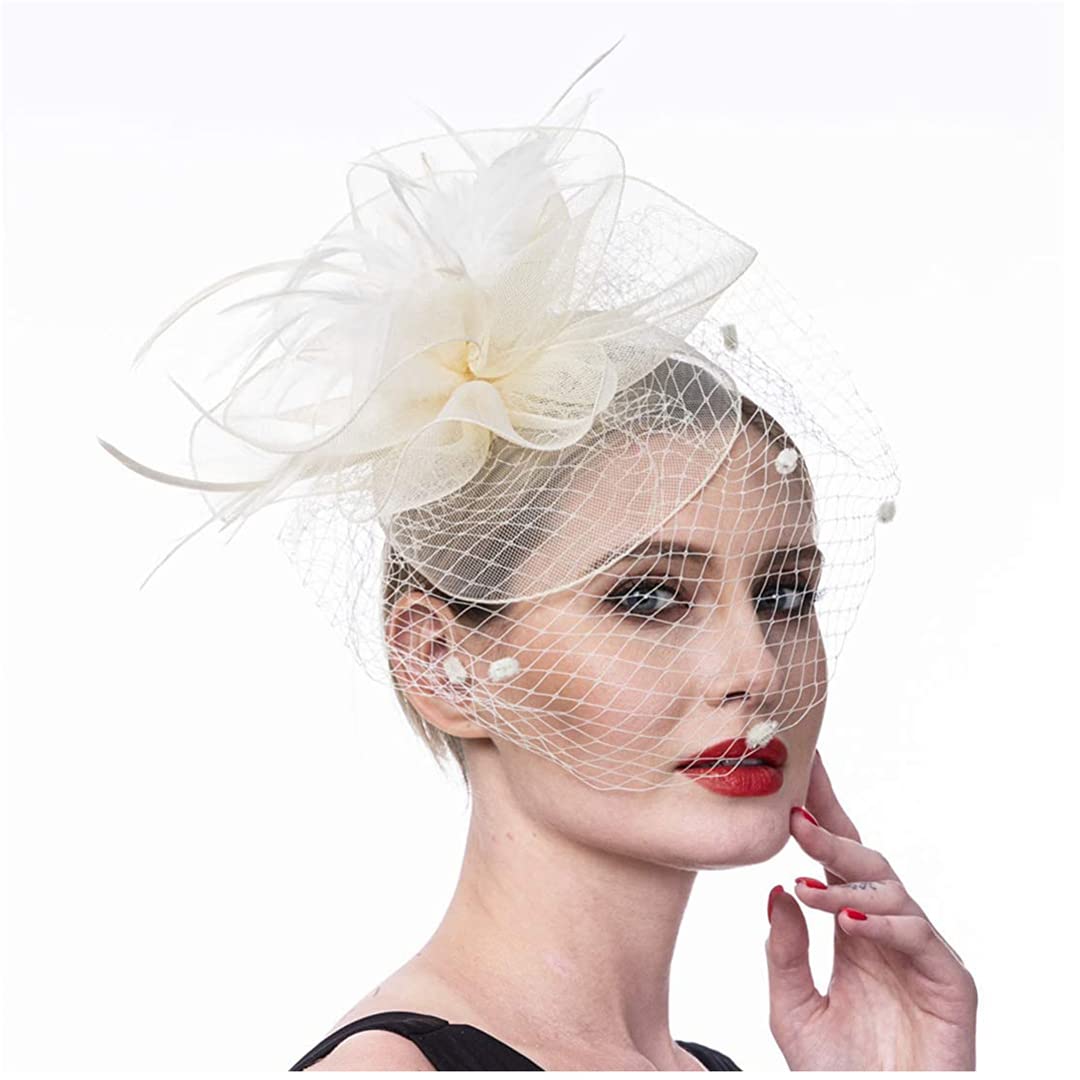 YTBHSHXZ， Cappello da donna for cocktail party, matrimonio, chiesa, abito, cappello con piume e fiori, copricapo in rete