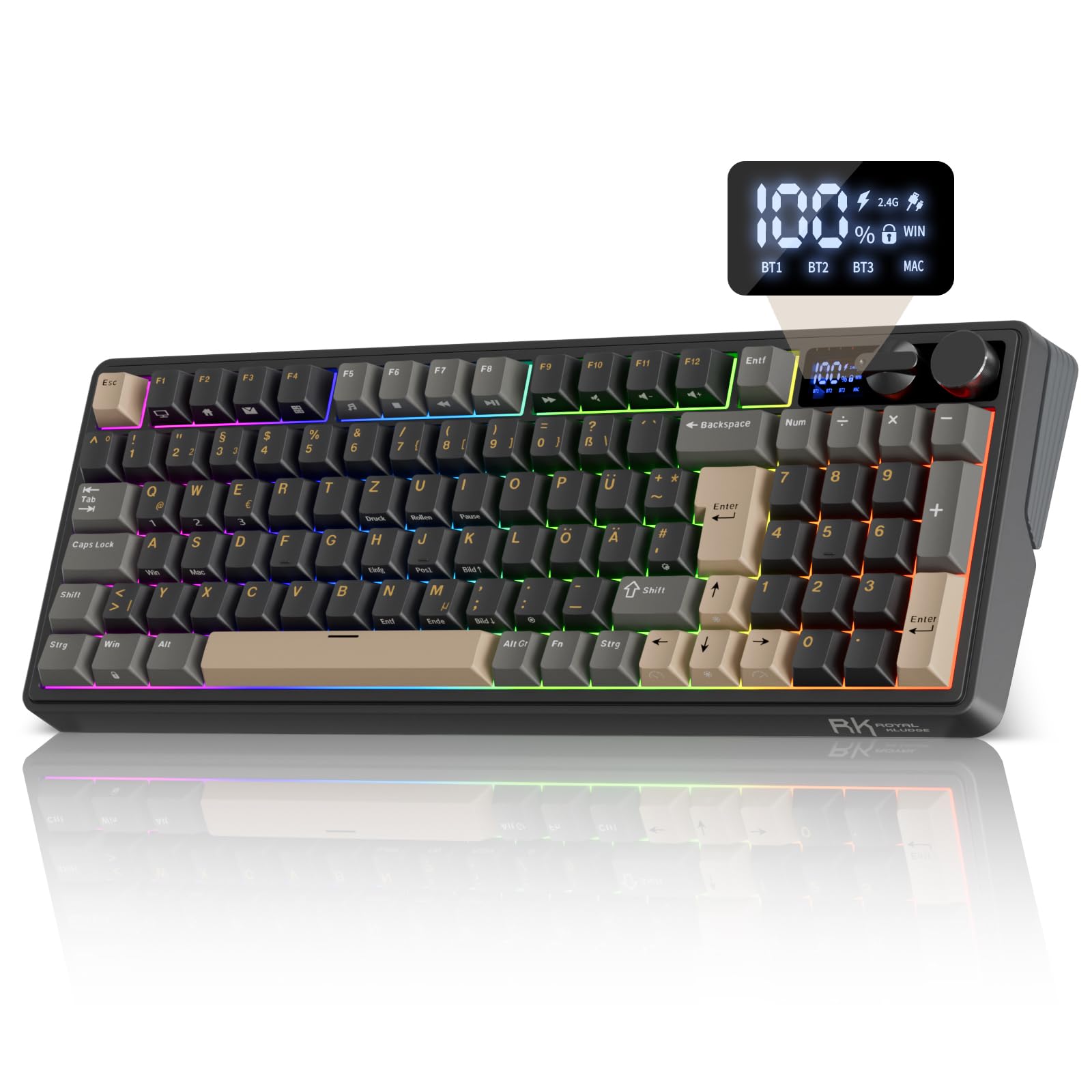 RK ROYAL KLUDGE M100 Mechanische Tastatur Kabellos 96% Gasket Gaming Tastatur QWERTZ mit Nummernblock BT/2.4Ghz/USB-C RGB 8000mAh Hot Swap Creamy Switches Schwarz