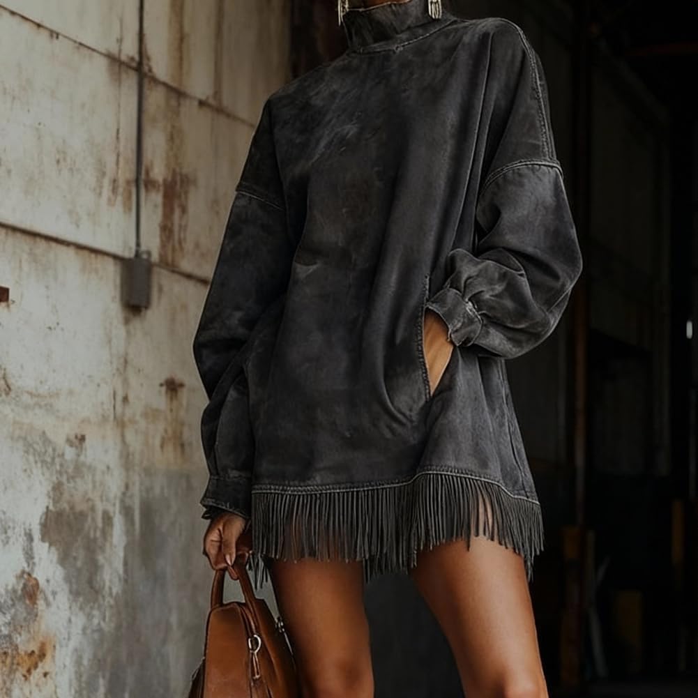 Women Vintage Loose Suede Mini Dress,Tassel Mock Neck Long Sleeve Dresses Retro Cowgirl Outfit,Long Sleeve Patchwork Coat - Image 5